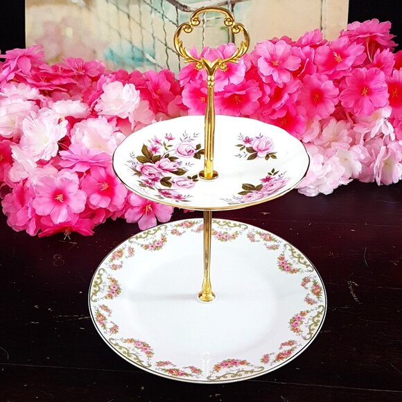 Handmade 2 Tier Cake Stand Pink Roses Jewelry Trinket Tray Tea Party Decor Gift - Picture 1 of 7
